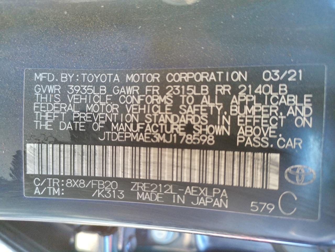 Photo 10 from auction – 2021 TOYOTA COROLLA LE with VIN JTDEPMAE3MJ178598