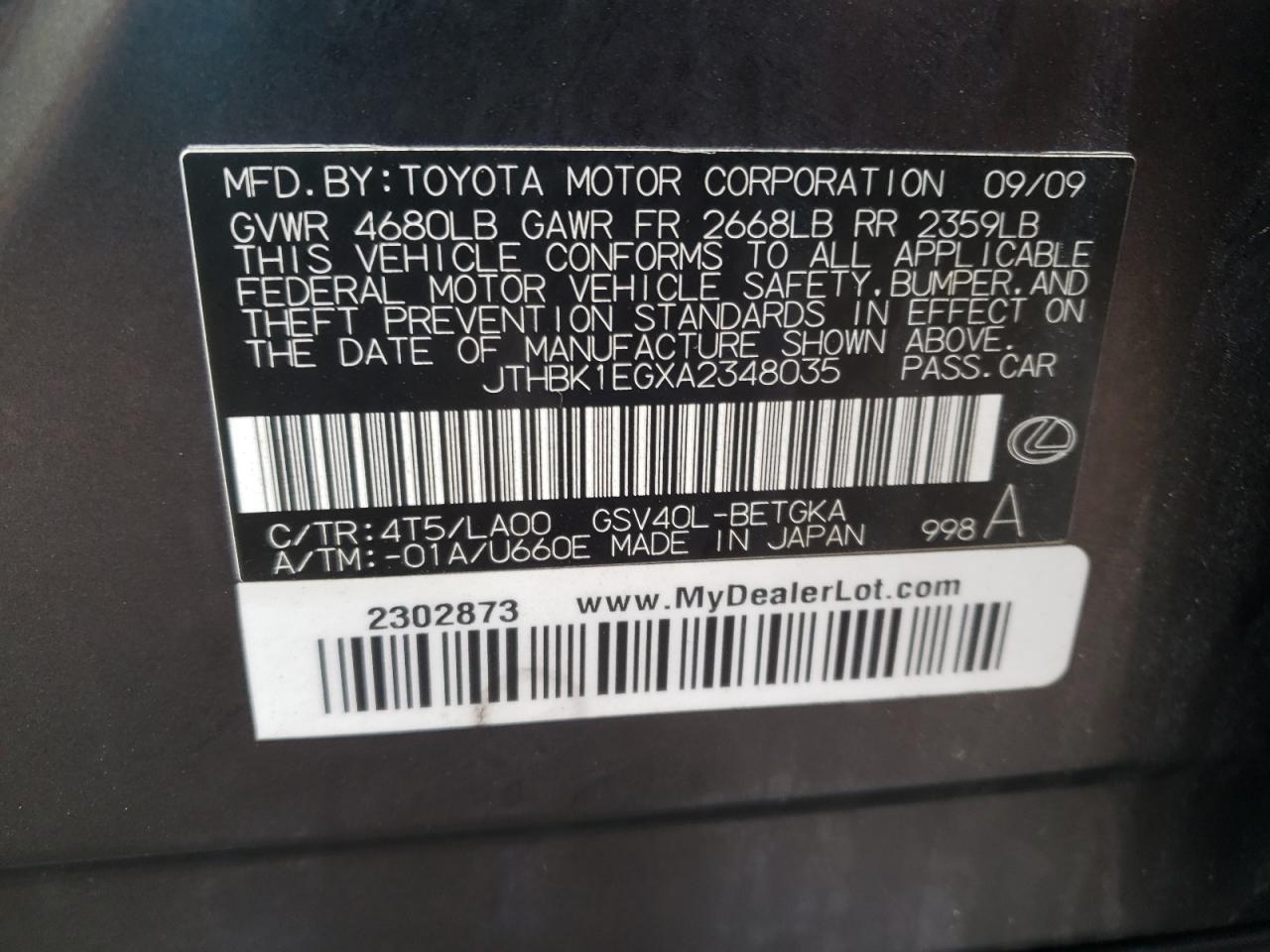 Photo 10 from auction – 2010 LEXUS ES 350 with VIN JTHBK1EGXA2348035