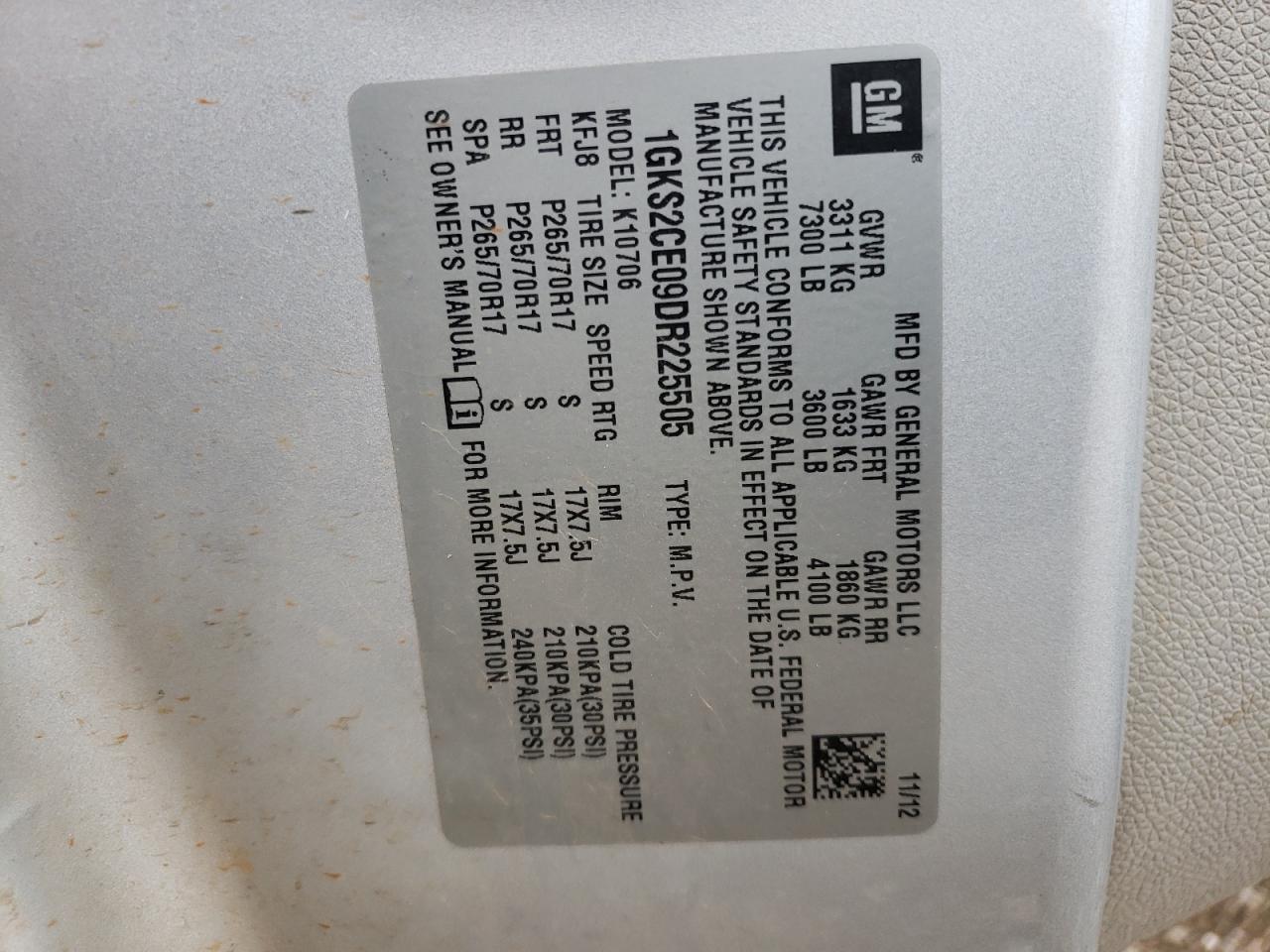 Photo 10 from auction – 2013 GMC YUKON SLT with VIN 1GKS2CE09DR225505