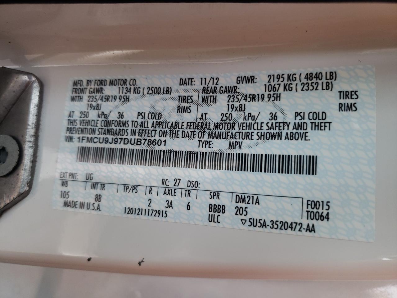 Photo 10 from auction – 2013 FORD ESCAPE TIT with VIN 1FMCU9J97DUB78601