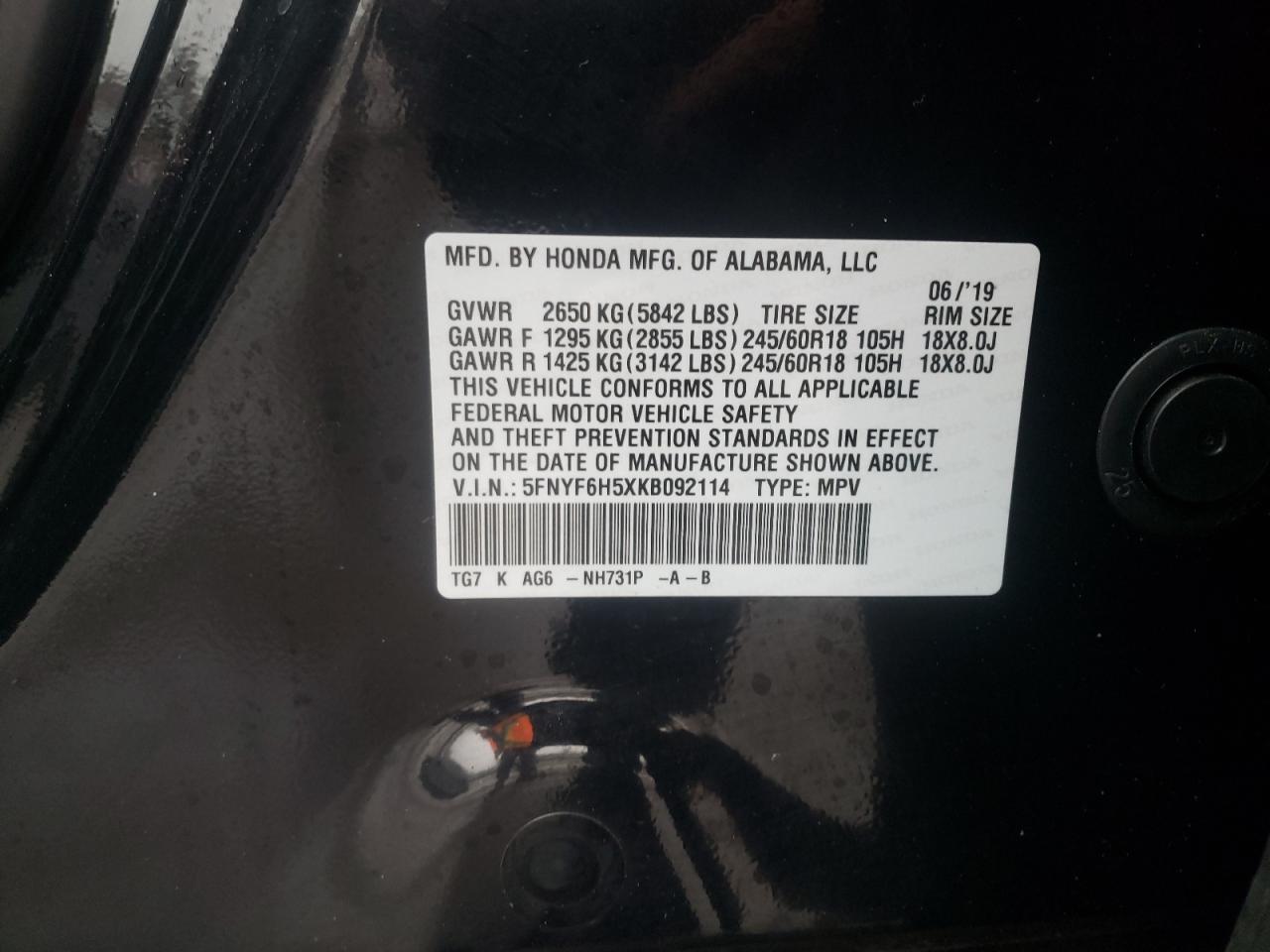 Photo 10 from auction – 2019 HONDA PILOT EXL with VIN 5FNYF6H5XKB092114