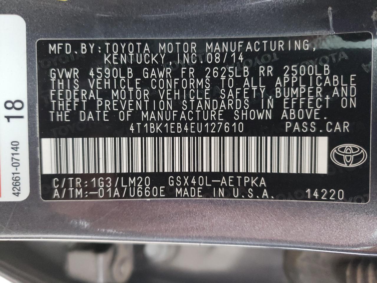 Photo 10 from auction – 2014 TOYOTA AVALON BAS with VIN 4T1BK1EB4EU127610