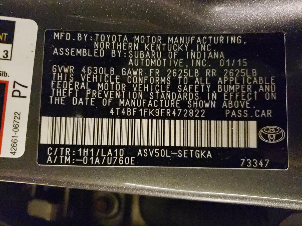 Photo 10 from auction – 2015 TOYOTA CAMRY LE with VIN 4T4BF1FK9FR472822