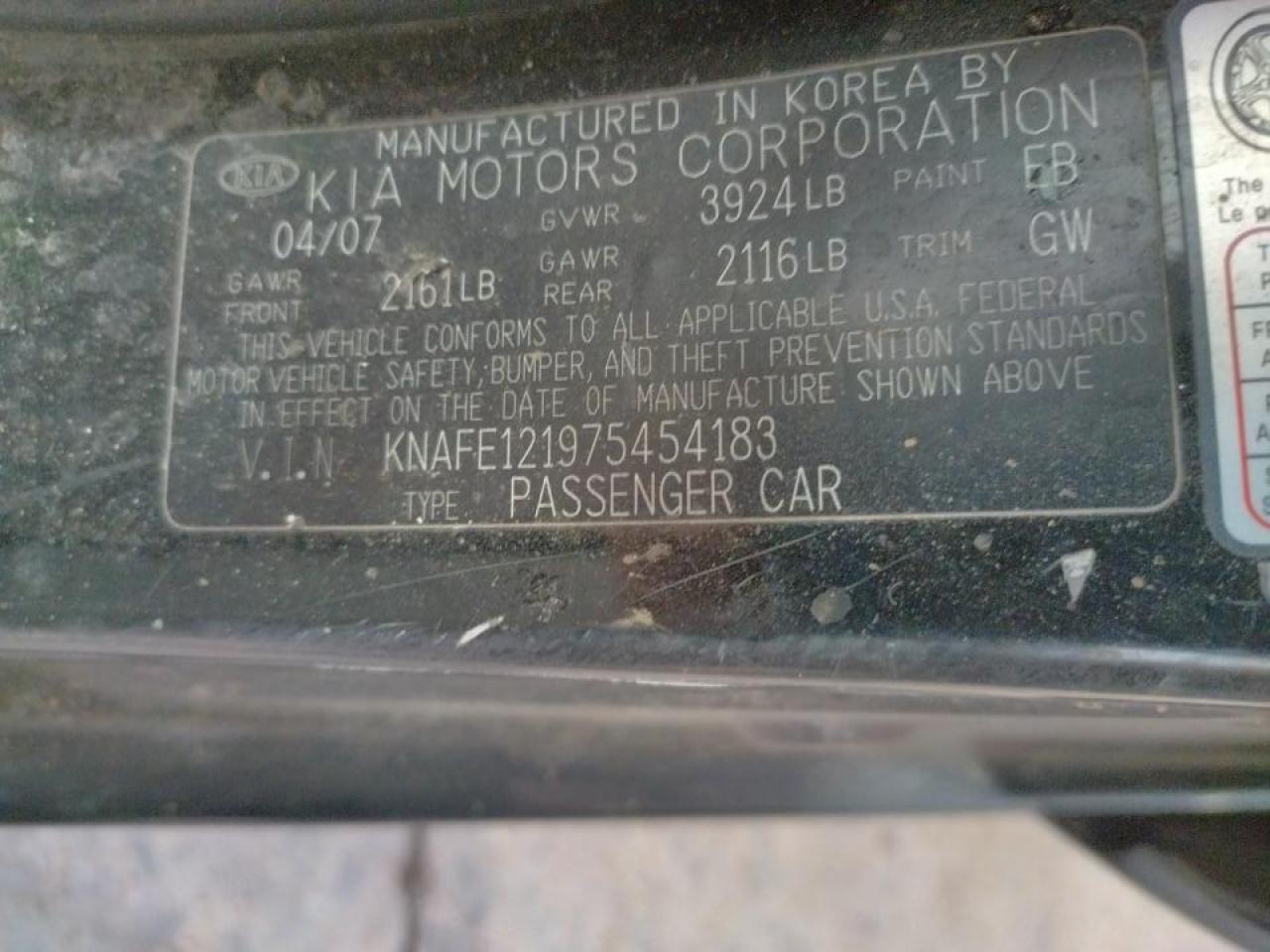 Photo 10 from auction – 2007 KIA SPECTRA EX with VIN KNAFE121975454183