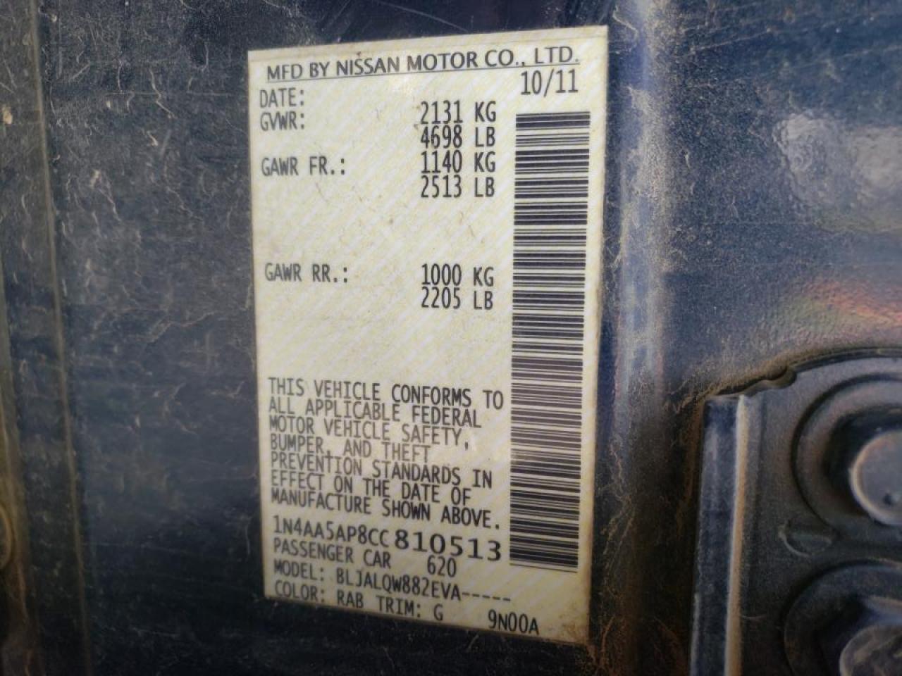 Photo 10 from auction – 2012 NISSAN MAXIMA S with VIN 1N4AA5AP8CC810513