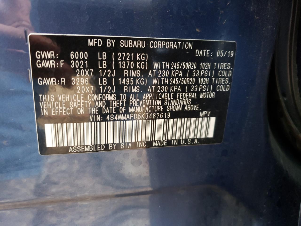 Photo 10 from auction – 2019 SUBARU ASCENT LIM with VIN 4S4WMAPD5K3482619