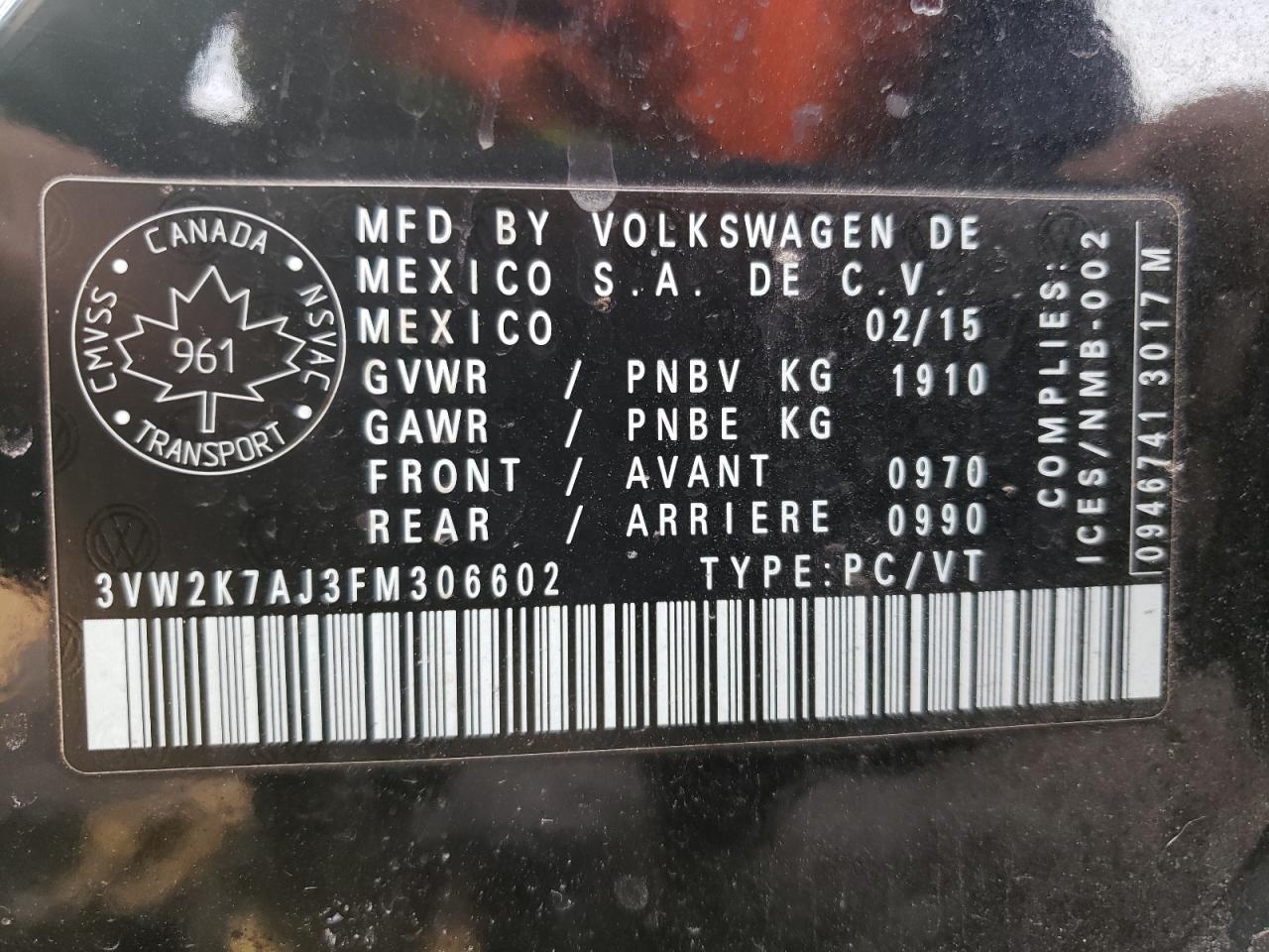 Photo 10 from auction – 2015 VOLKSWAGEN JETTA BASE with VIN 3VW2K7AJ3FM306602