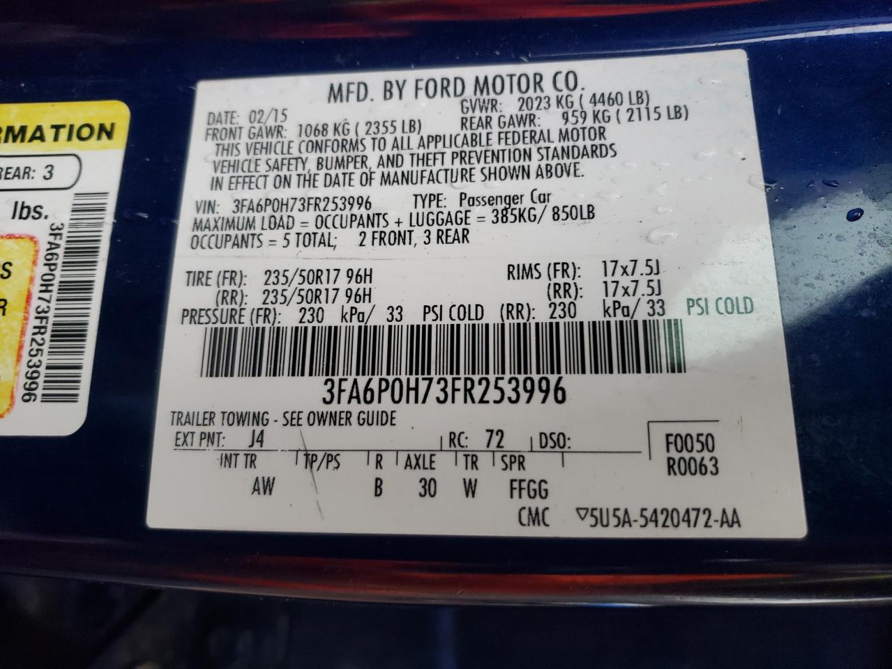 Photo 10 from auction – 2015 FORD FUSION SE with VIN 3FA6P0H73FR253996