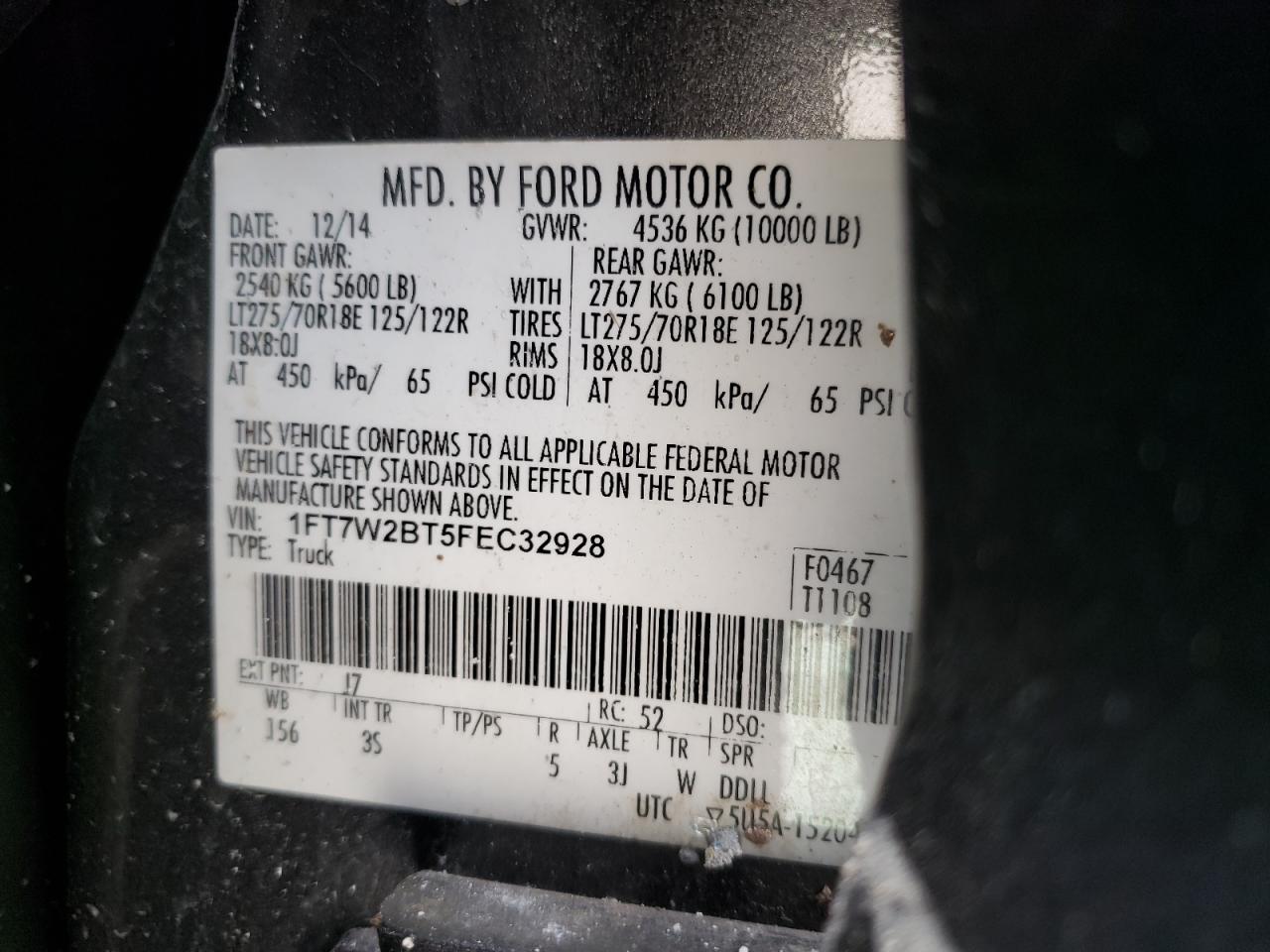 Photo 10 from auction – 2015 FORD F250 SUPER with VIN 1FT7W2BT5FEC32928