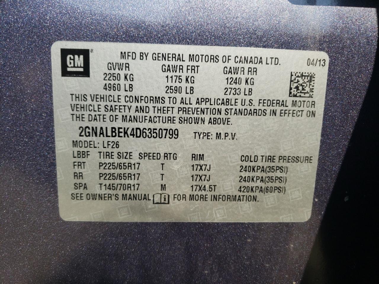 Photo 10 from auction – 2013 CHEVROLET EQUINOX LS with VIN 2GNALBEK4D6350799