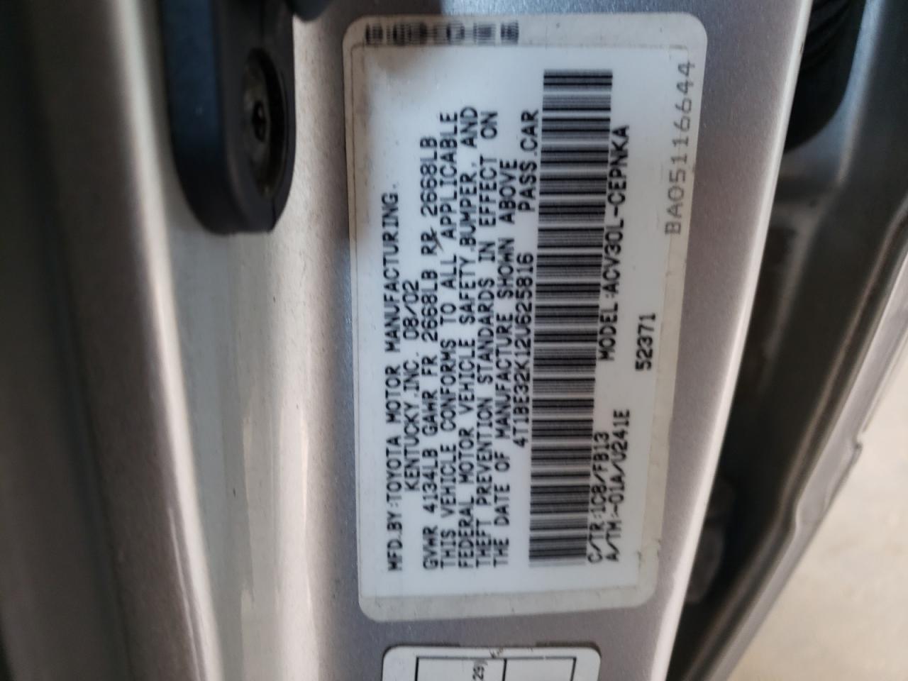 Photo 10 from auction – 2002 TOYOTA CAMRY LE with VIN 4T1BE32K12U625816