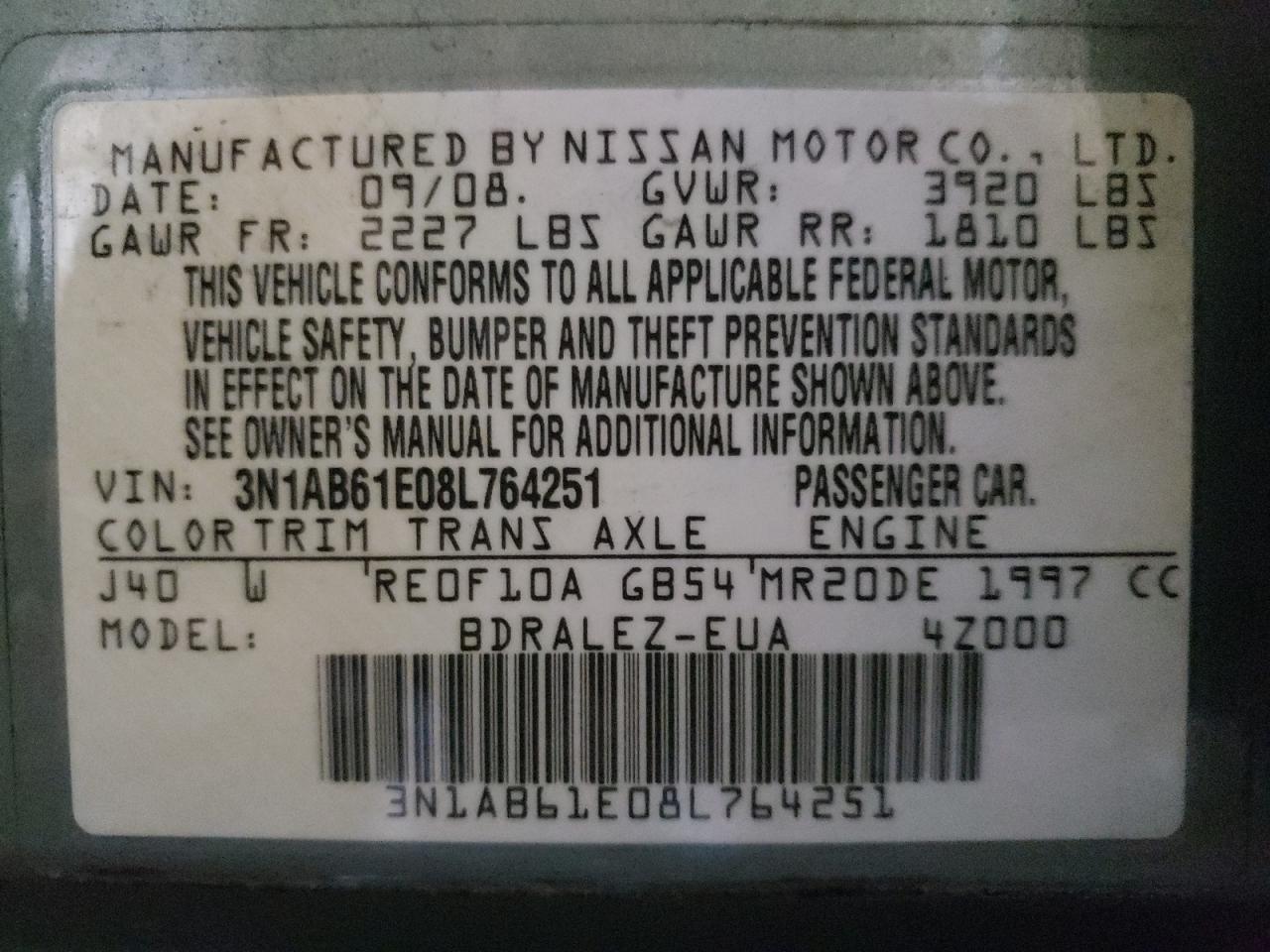 Photo 10 from auction – 2008 NISSAN SENTRA with VIN 3N1AB61E08L764251