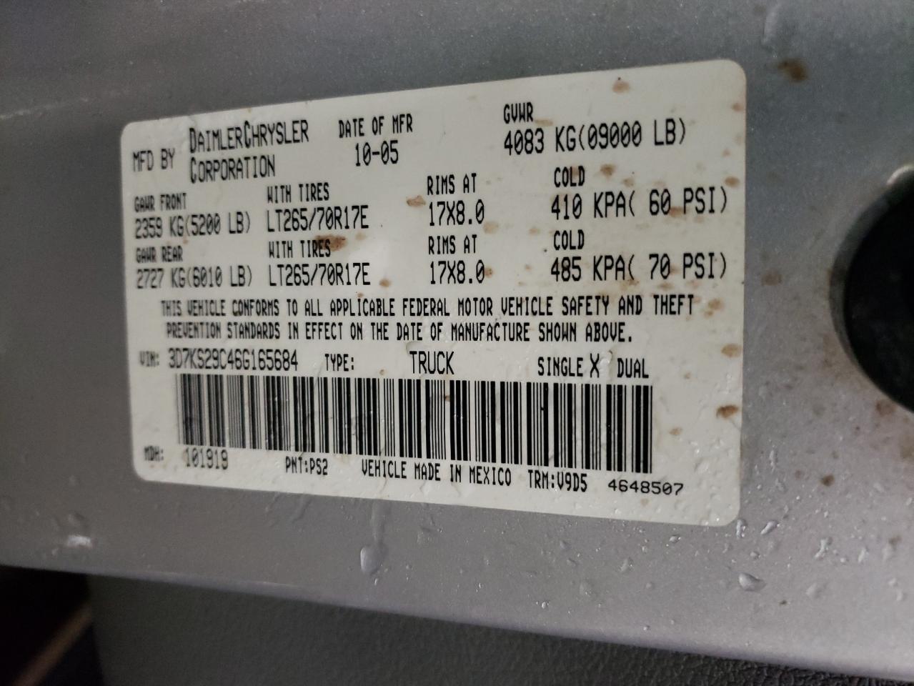 Photo 10 from auction – 2006 DODGE RAM 2500 with VIN 3D7KS29C46G165684