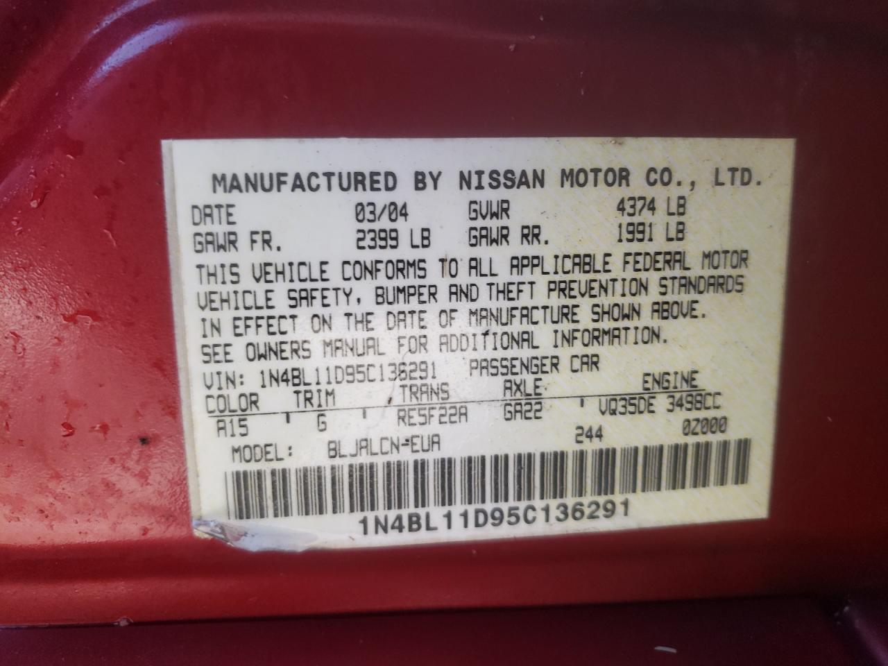 Photo 10 from auction – 2005 NISSAN ALTIMA SE with VIN 1N4BL11D95C136291
