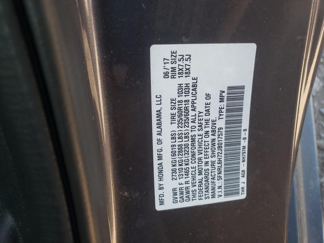 Photo 10 from auction – 2018 HONDA ODYSSEY EX with VIN 5FNRL6H72JB017579