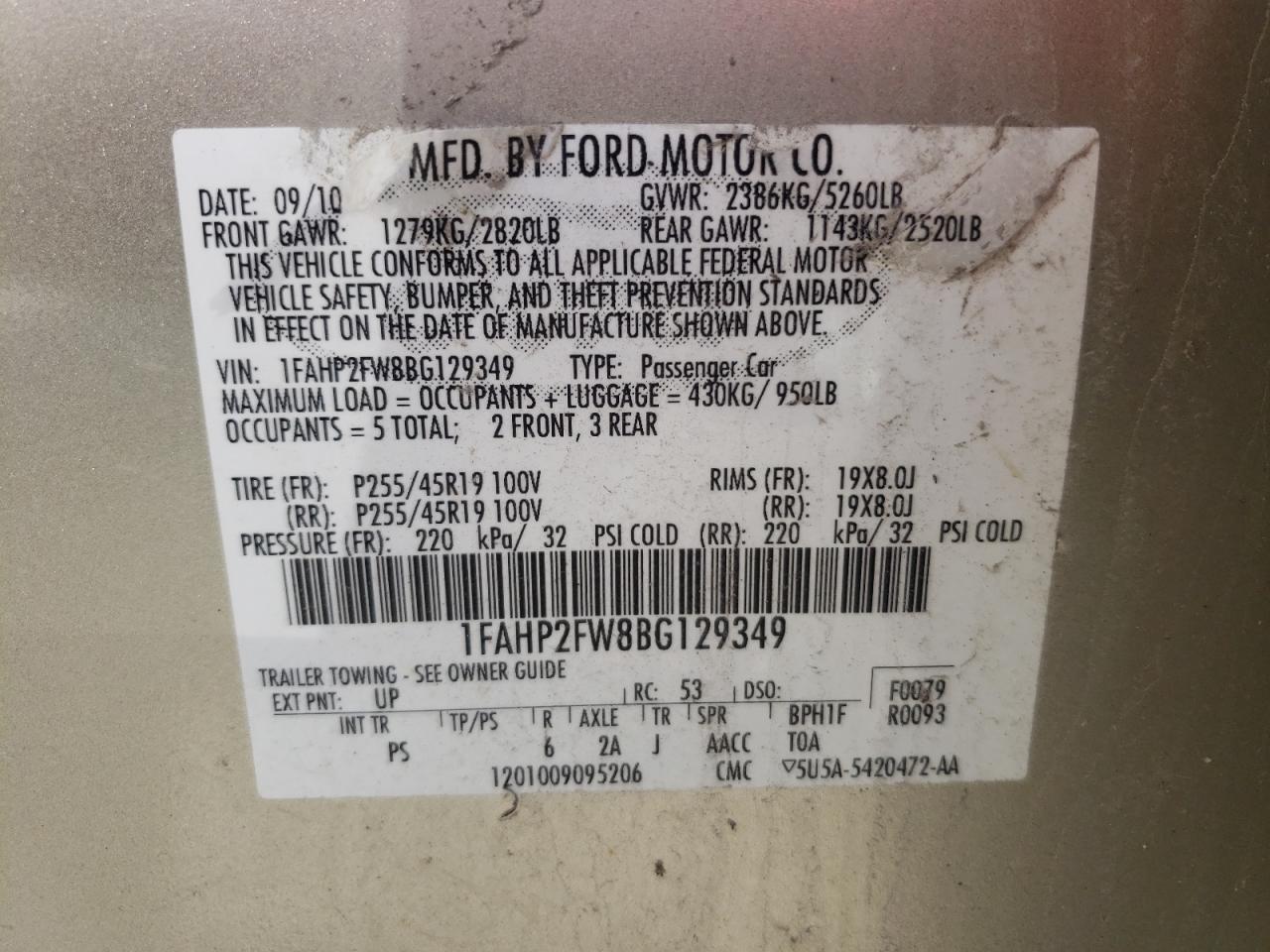 Photo 10 from auction – 2011 FORD TAURUS LIM with VIN 1FAHP2FW8BG129349