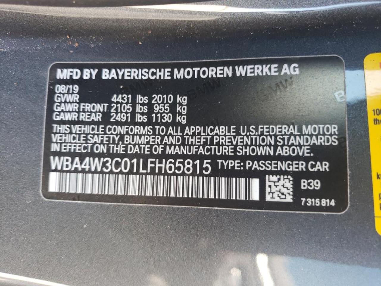 Photo 10 from auction – 2020 BMW 430I with VIN WBA4W3C01LFH65815