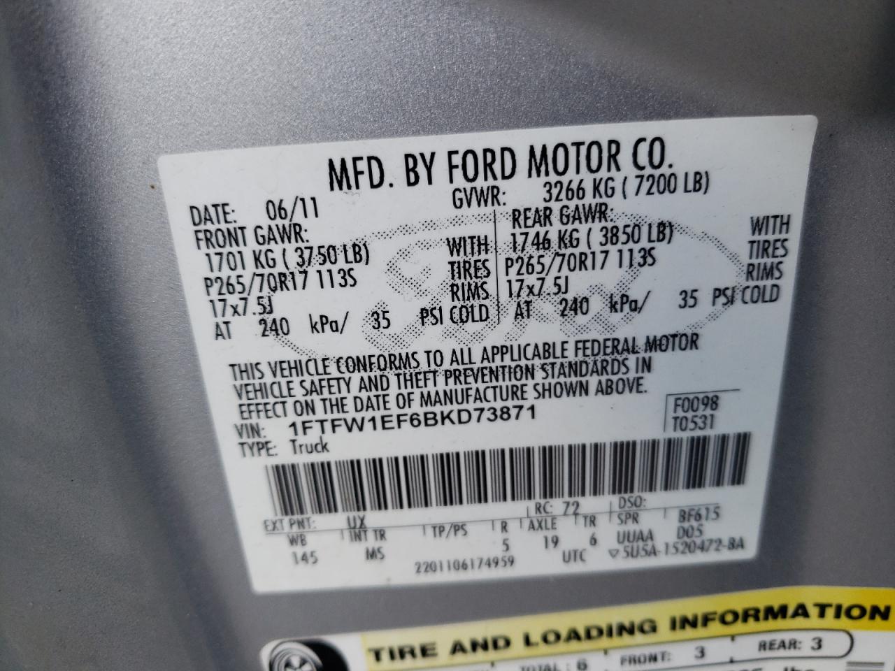 Photo 10 from auction – 2011 FORD F150 SUPER with VIN 1FTFW1EF6BKD73871