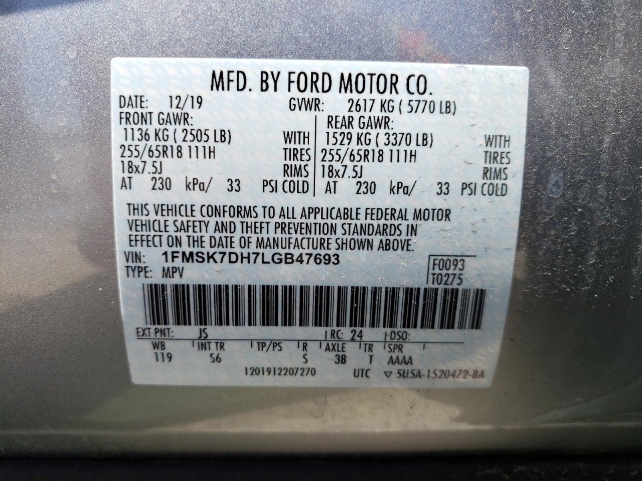 Photo 10 from auction – 2020 FORD EXPLORER X with VIN 1FMSK7DH7LGB47693