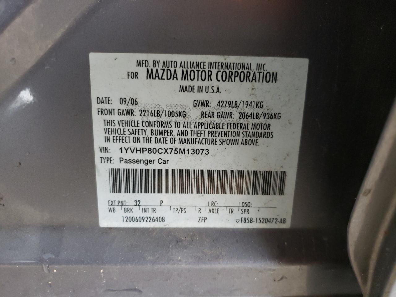 Foto 10 de la subasta – 2007 MAZDA 6 I con VIN 1YVHP80CX75M13073