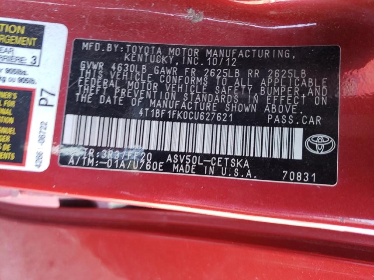 Photo 10 from auction – 2012 TOYOTA CAMRY with VIN 4T1BF1FK0CU627621