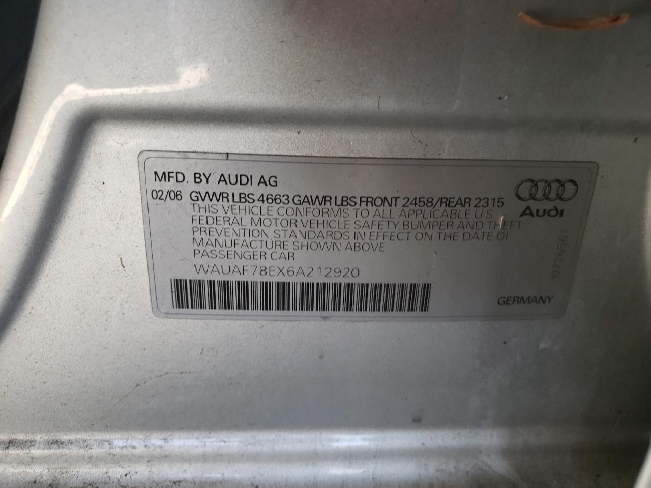 Photo 10 from auction – 2006 AUDI A4 2 TURBO with VIN WAUAF78EX6A212920