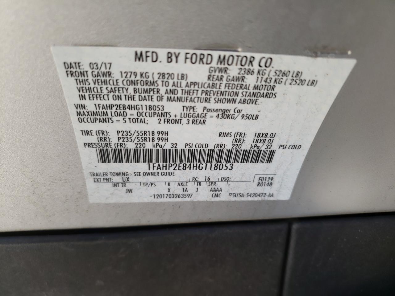 Фото 10 с аукциона – 2017 FORD TAURUS SEL с VIN 1FAHP2E84HG118053