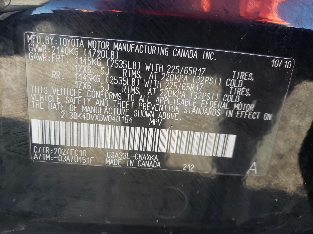 Photo 10 from auction – 2011 TOYOTA RAV4 with VIN 2T3BK4DVXBW040164