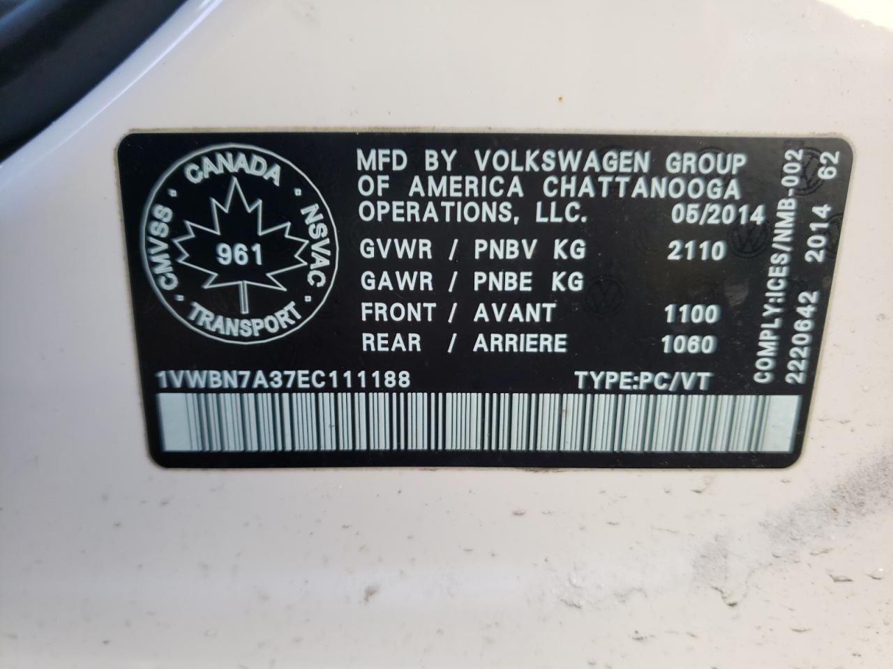 Photo 10 from auction – 2014 VOLKSWAGEN PASSAT SE with VIN 1VWBN7A37EC111188