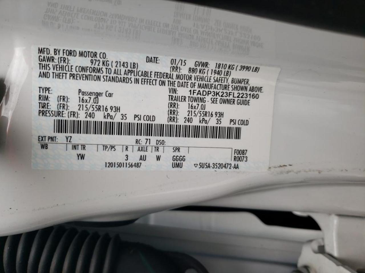 Photo 10 from auction – 2015 FORD FOCUS SE with VIN 1FADP3K23FL223160