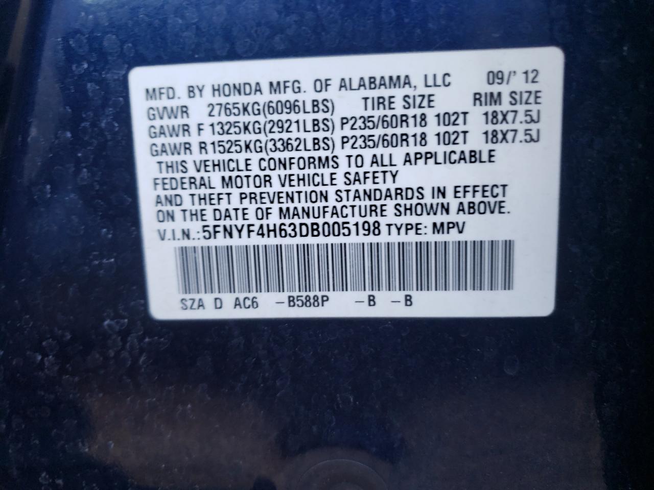 Photo 10 from auction – 2013 HONDA PILOT EXL with VIN 5FNYF4H63DB005198