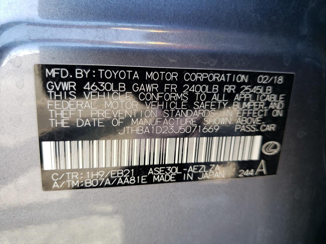 Photo 10 from auction – 2018 LEXUS IS 300 with VIN JTHBA1D23J5071669