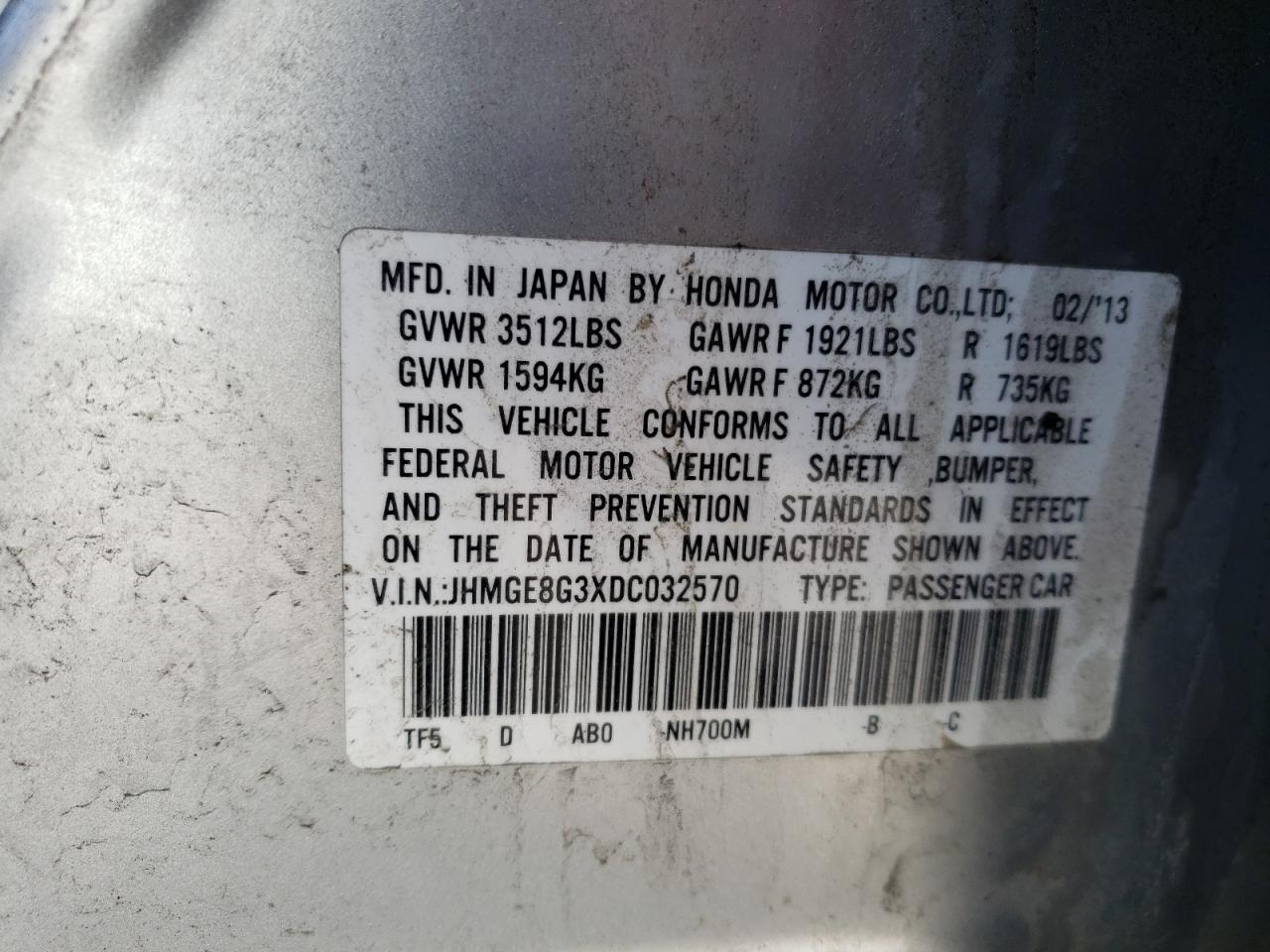 Photo 10 from auction – 2013 HONDA FIT with VIN JHMGE8G3XDC032570