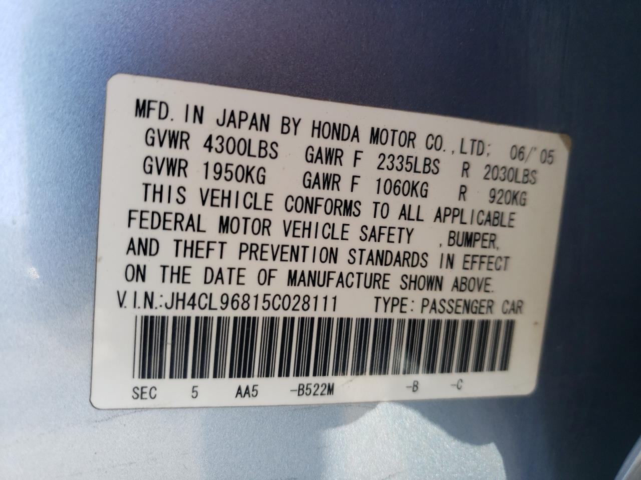 Photo 10 from auction – 2005 ACURA TSX with VIN JH4CL96815C028111