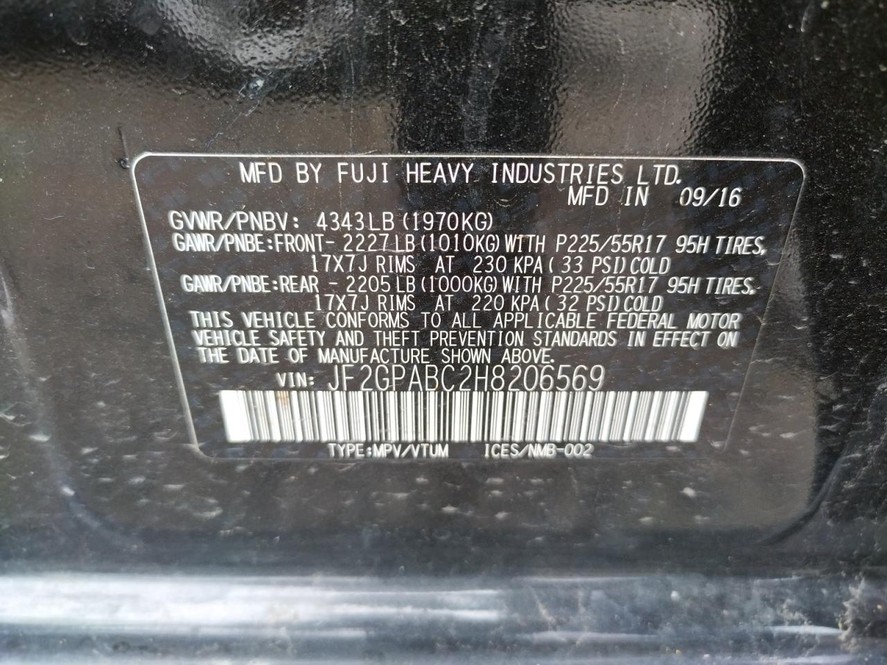 Photo 10 from auction – 2017 SUBARU CROSSTREK with VIN JF2GPABC2H8206569