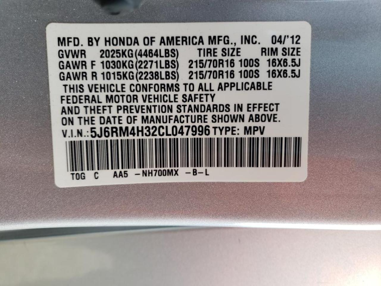 Photo 10 from auction – 2012 HONDA CR-V LX with VIN 5J6RM4H32CL047996
