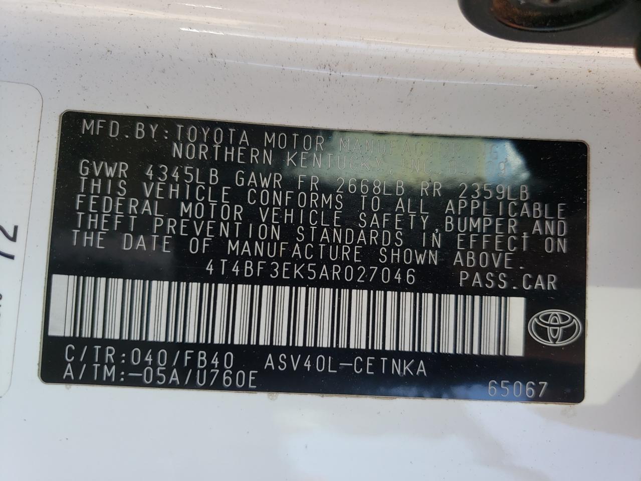 Photo 10 from auction – 2010 TOYOTA CAMRY BASE with VIN 4T4BF3EK5AR027046