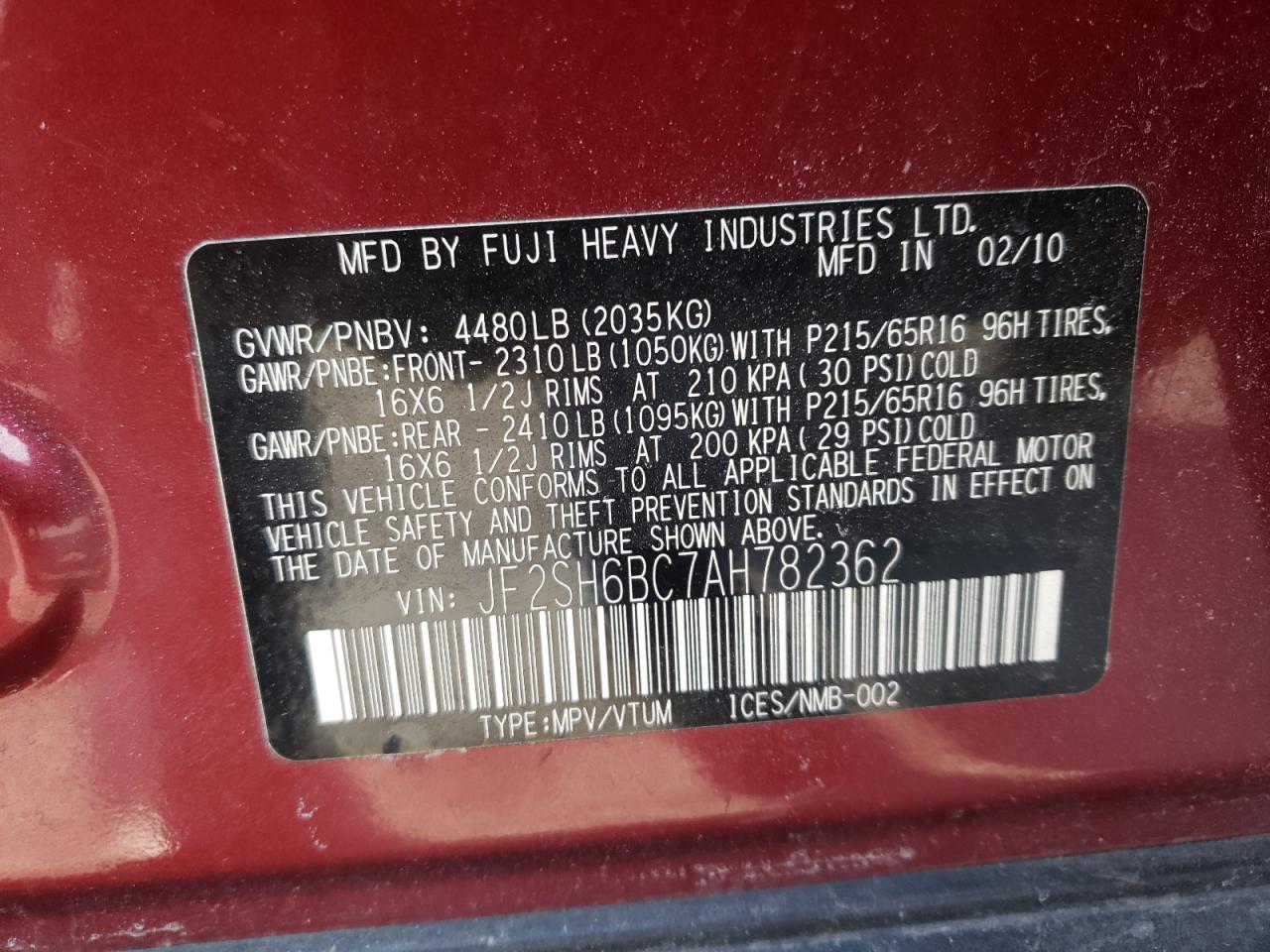 Photo 10 from auction – 2010 SUBARU FORESTER X with VIN JF2SH6BC7AH782362