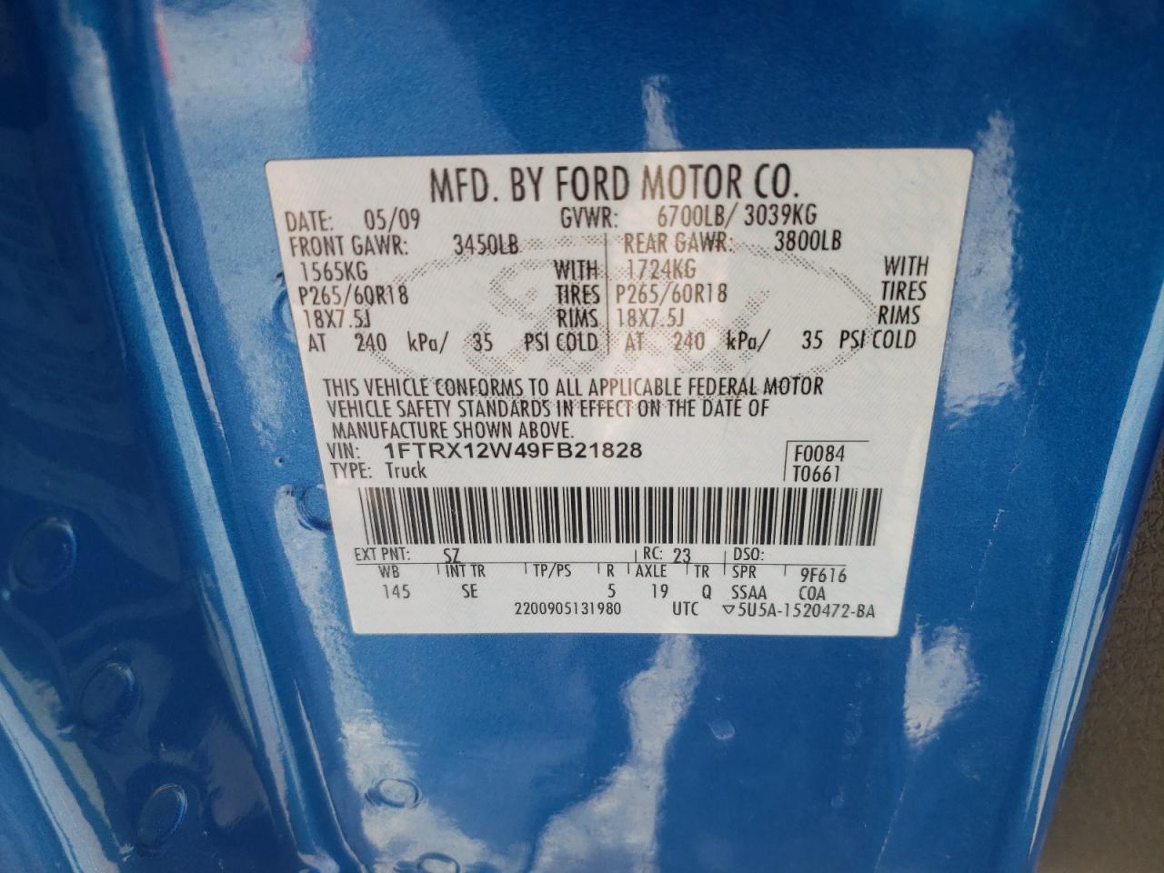 Photo 10 from auction – 2009 FORD F150 SUPER with VIN 1FTRX12W49FB21828