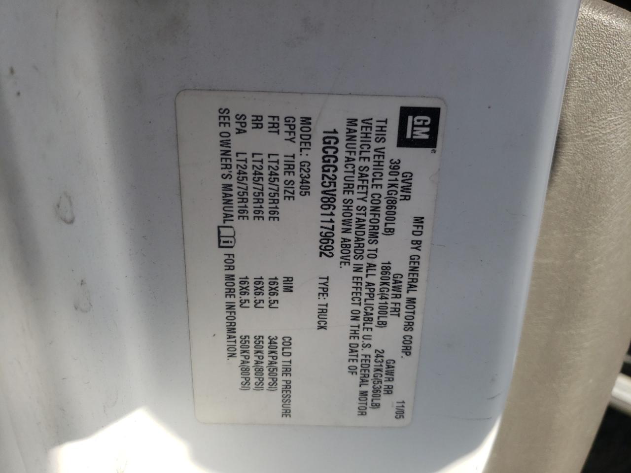 Photo 10 from auction – 2006 CHEVROLET EXPRESS G2 with VIN 1GCGG25V861179692