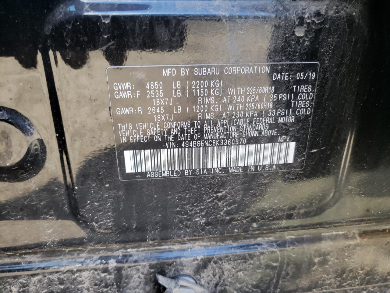 Photo 10 from auction – 2019 SUBARU OUTBACK 3. with VIN 4S4BSENC8K3360570