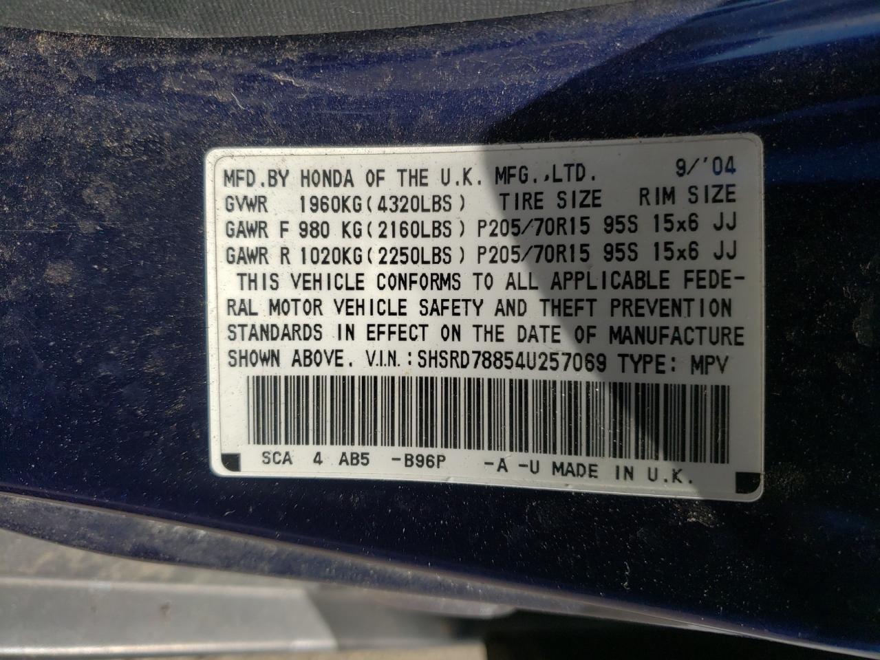 Photo 10 from auction – 2004 HONDA CR-V EX with VIN SHSRD78854U257069