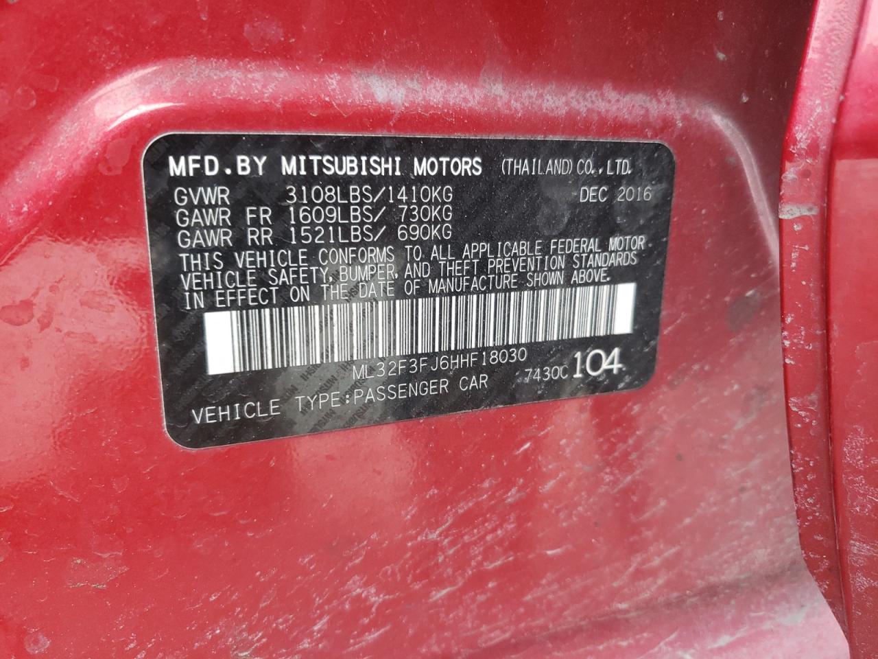 Photo 10 from auction – 2017 MITSUBISHI MIRAGE G4 with VIN ML32F3FJ6HHF18030