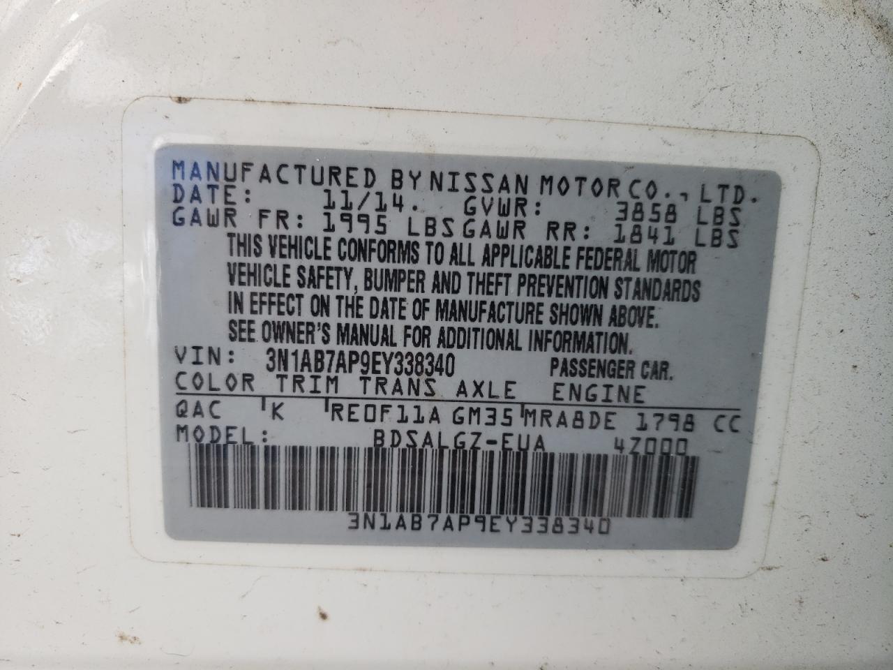 Photo 10 from auction – 2014 NISSAN SENTRA S with VIN 3N1AB7AP9EY338340