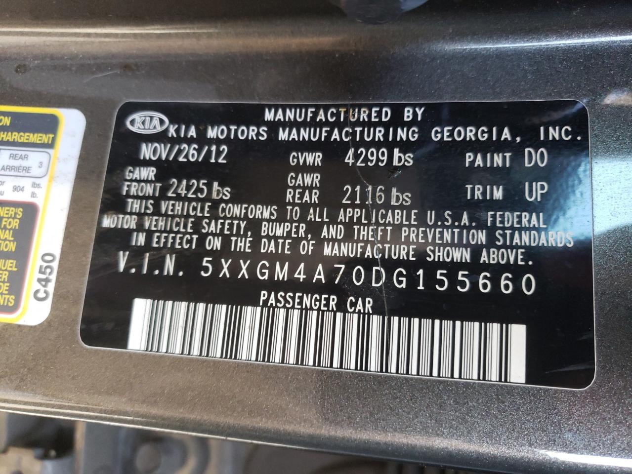 Photo 10 from auction – 2013 KIA OPTIMA with VIN 5XXGM4A70DG155660