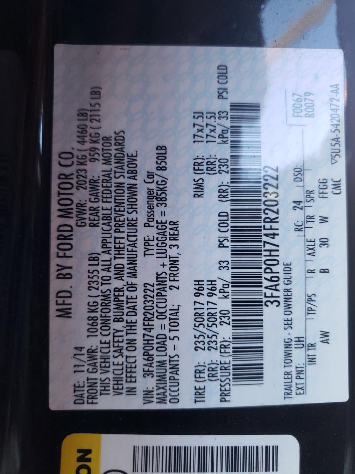 Photo 10 from auction – 2015 FORD FUSION SE with VIN 3FA6P0H74FR203222