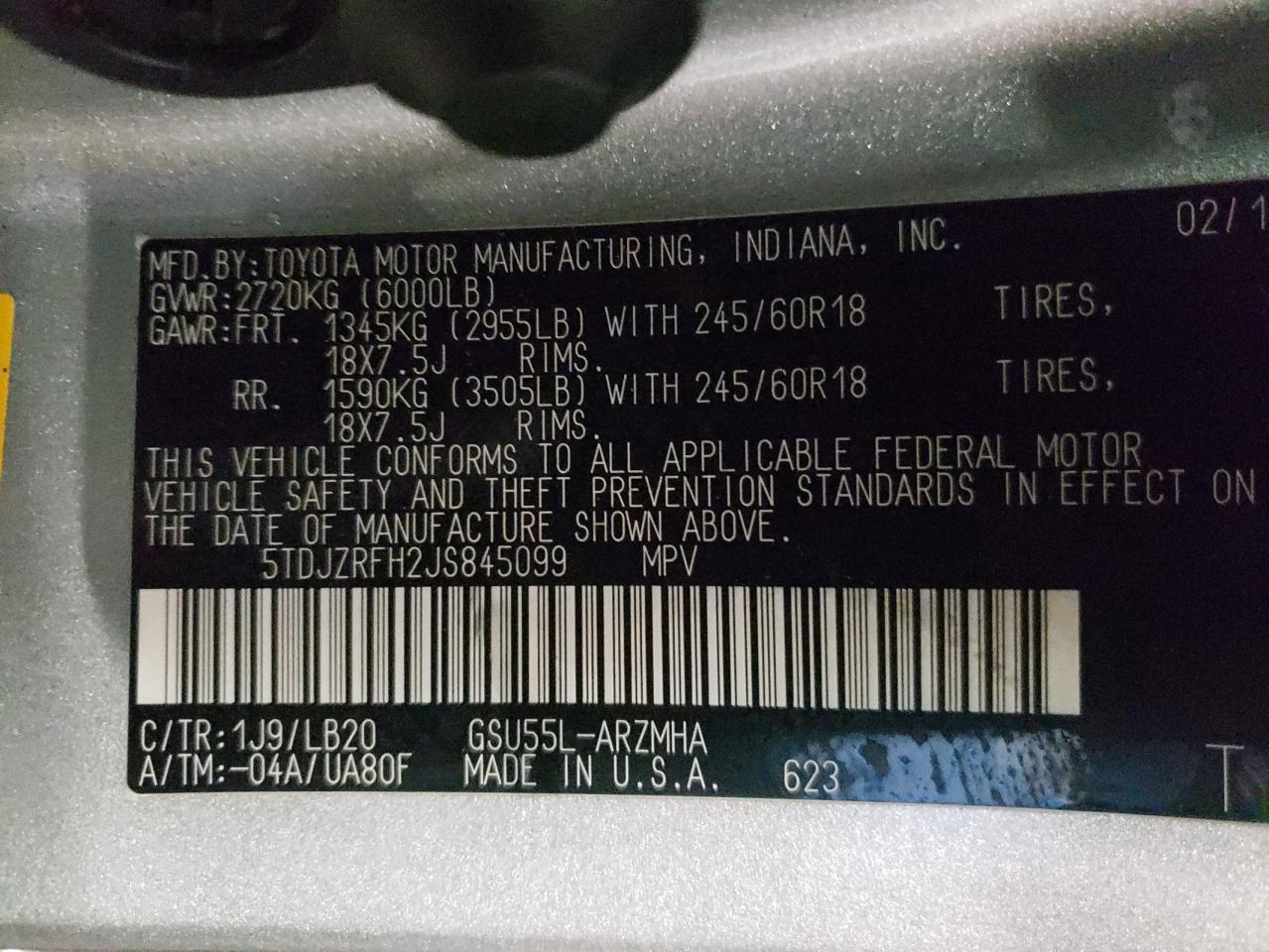 Photo 10 from auction – 2018 TOYOTA HIGHLANDER with VIN 5TDJZRFH2JS845099