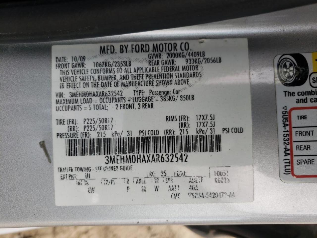 Photo 10 from auction – 2010 MERCURY MILAN with VIN 3MEHM0HAXAR632542