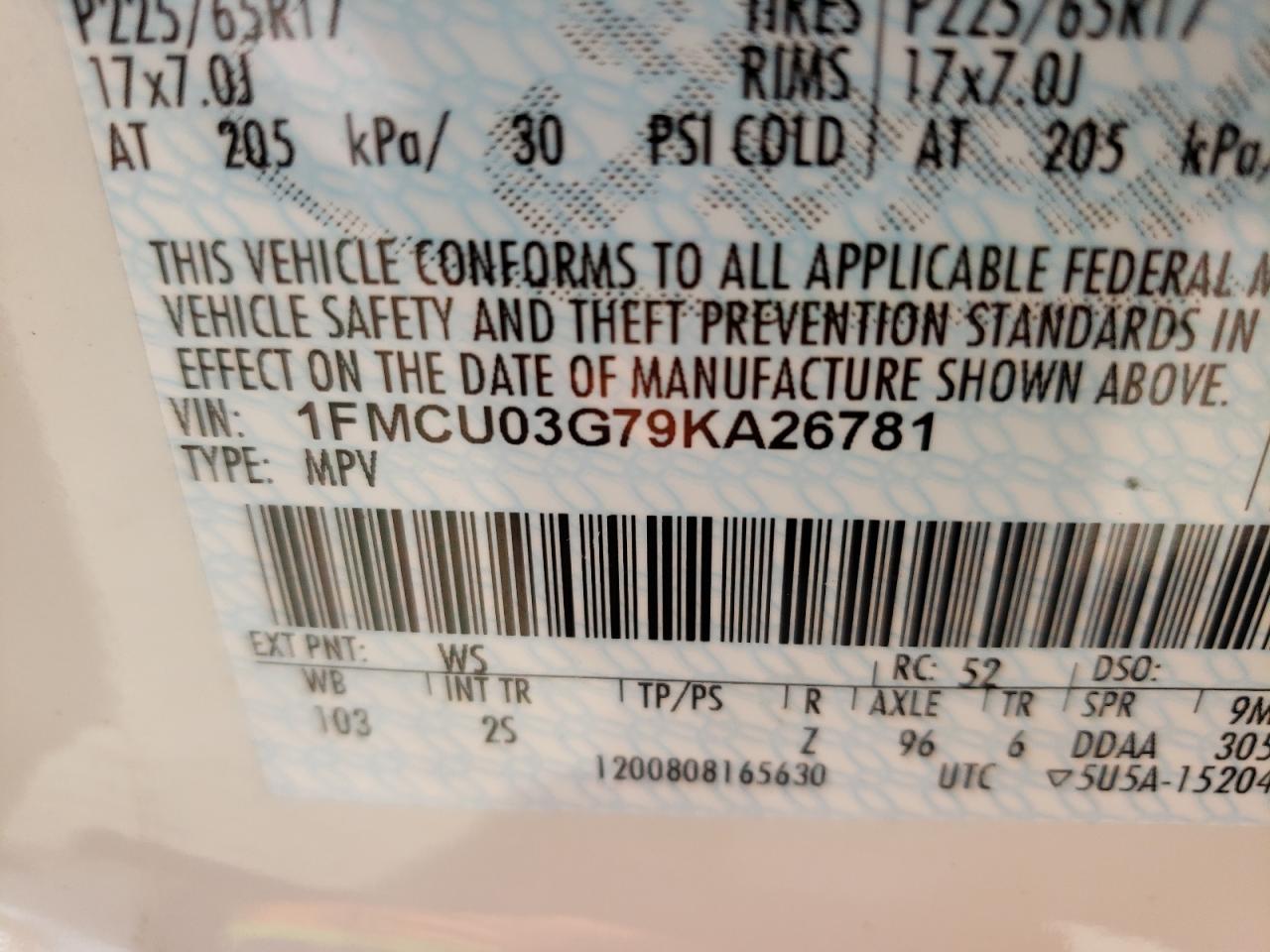 Photo 10 from auction – 2009 FORD ESCAPE XLT with VIN 1FMCU03G79KA26781
