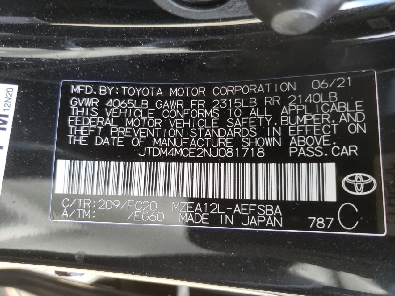 Photo 10 from auction – 2022 TOYOTA COROLLA SE with VIN JTDM4MCE2NJ081718